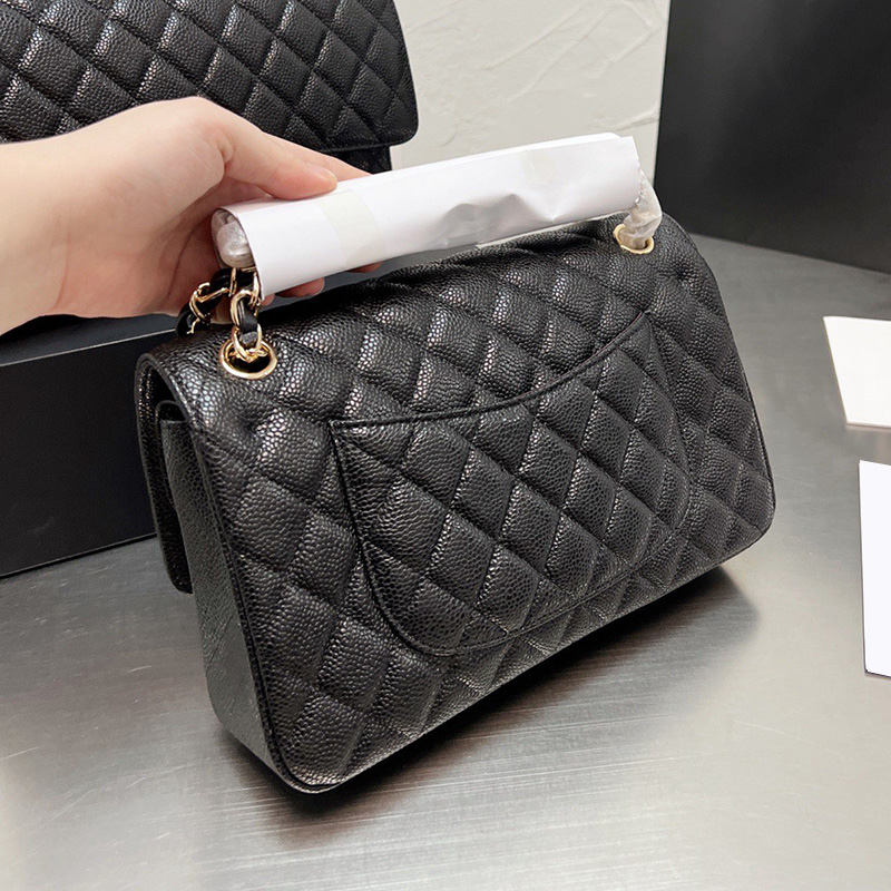 

Top Quality Black Classic Double Flap Caviar Leather Quilted Bags Silver/Gold Metal Hardware Matelasse Chain Crossbody Shoulder Luxury Desig, Black gold