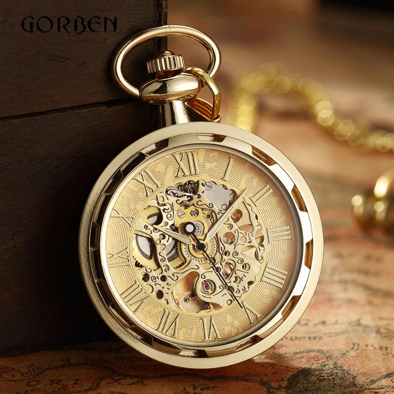 

Pocket Watches Luxury Antique Skeleton Mechanical Watch Men Steampunk Fob Clock Pendant Hand-winding Relogio De BolsoPocket, Gold no box