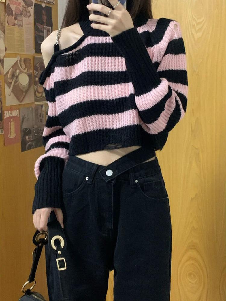

Women' Sweaters Spring Autumn Sexy Off Shoulder Pullover Women Thin Striped Pink Sweater Korean Fashion Chain Patch Cropped Tops Vintage Ju, As photo