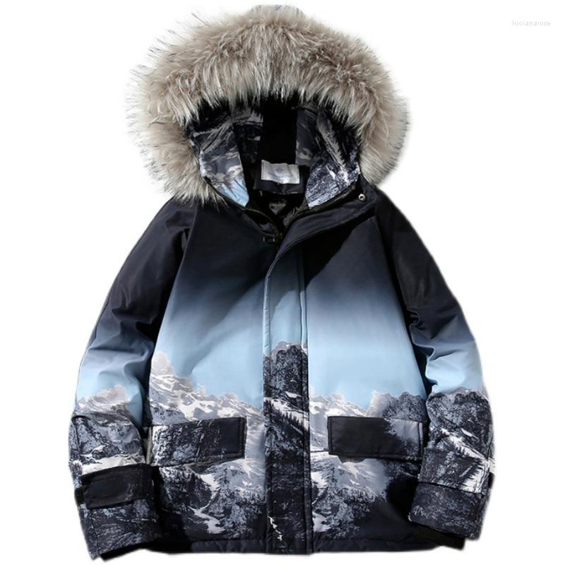 

Men's Down & Parkas Harajuku Japan Style Winter Jacket Men Print Street Fashion Fur Collar Thick Warm High Coat CasualMen's Luci22, Black