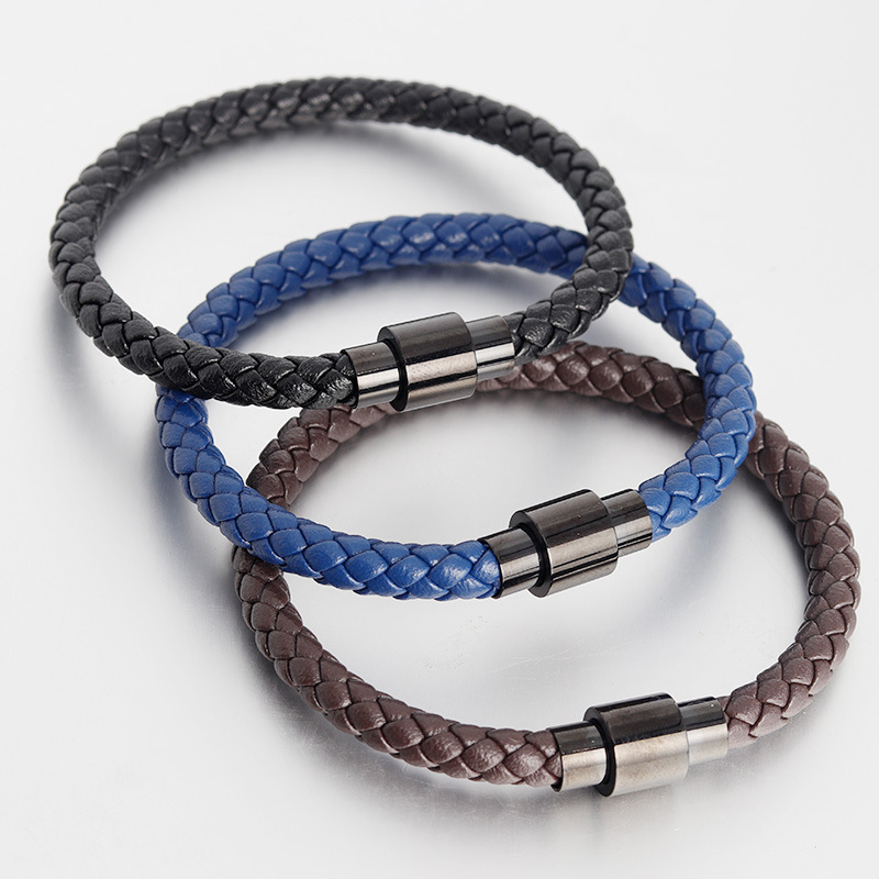 3 Colors Braided Leather Bangle Titanium Steel Snap-fastener Bracelet for Men Gift-image-769329059