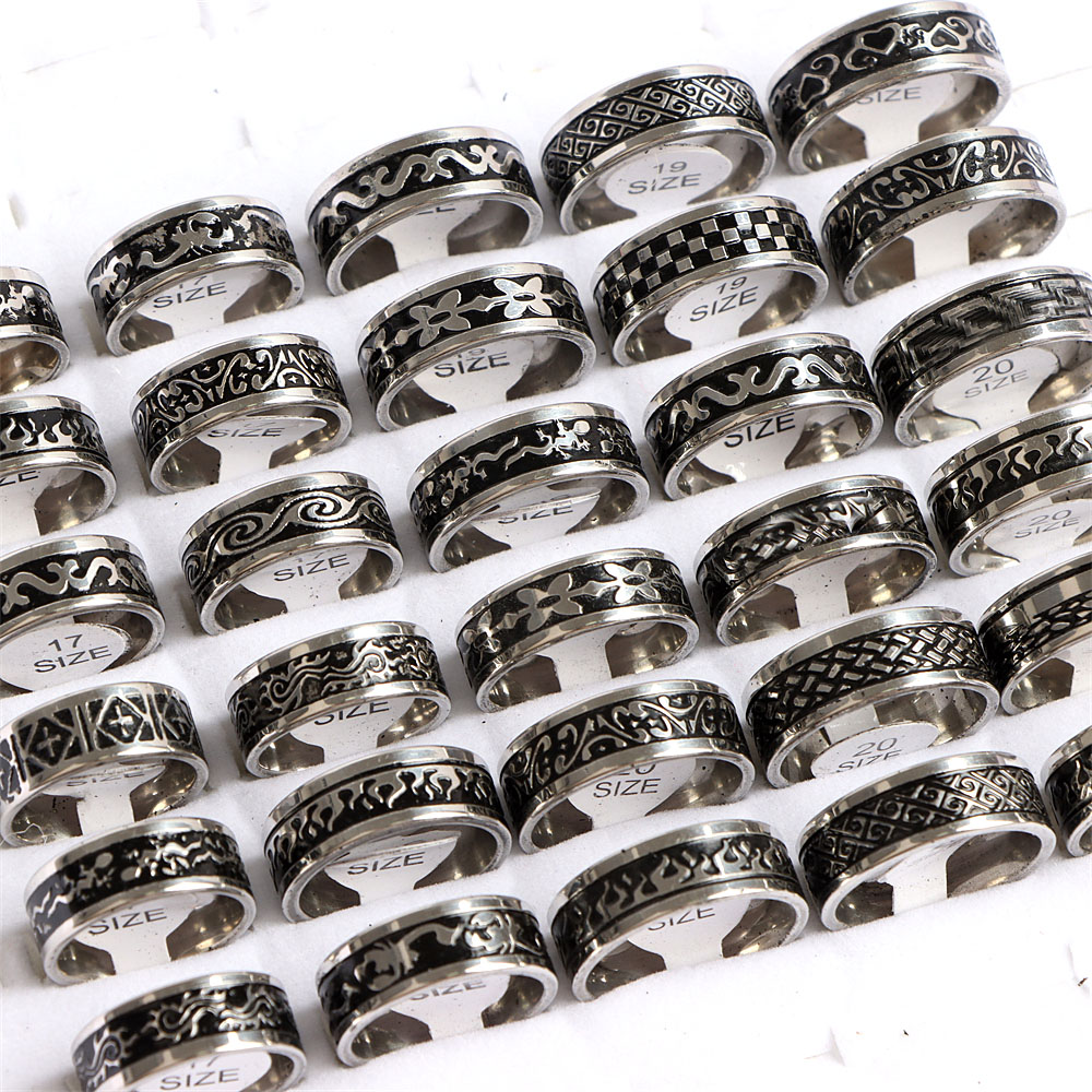 

Fashion Retro Black Drop Oil Stainless Steel Rings Jewelry For Women Men Mix Pattern Lizard Scorpion Flame Style Party Trendy Personality Gifts Wholesale 20Pcs/Lot