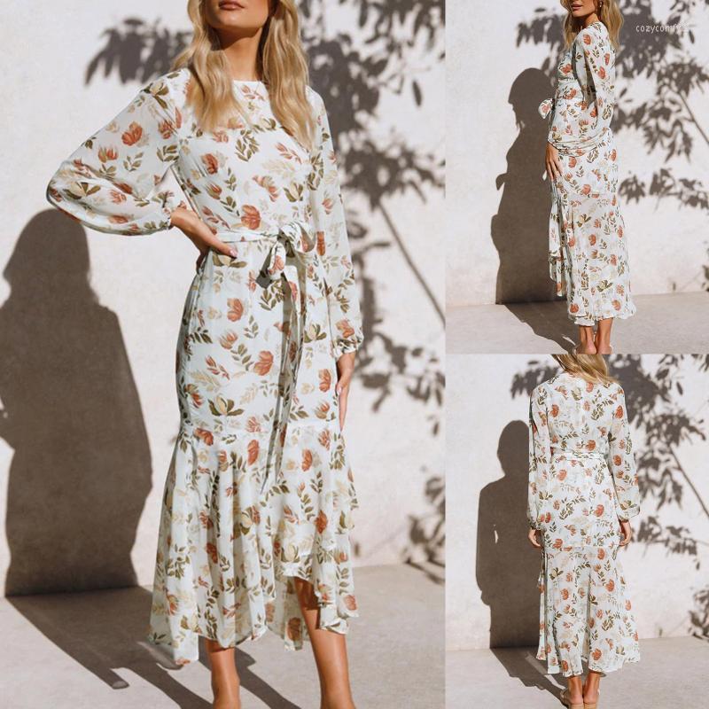 

Casual Dresses Women Floral Print Bandage Dress Bohemian Lantern Sleeve Party Retro Elegant Female Slim Ruffle Swing Robe, White