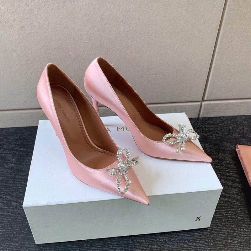 

top-level Amina muaddi crystal-studded bows Dress shoes Pumps pumps The point-toe Pink satin Patent leather shoe Luxury Designers Evening party wedding heeled, Black 3#
