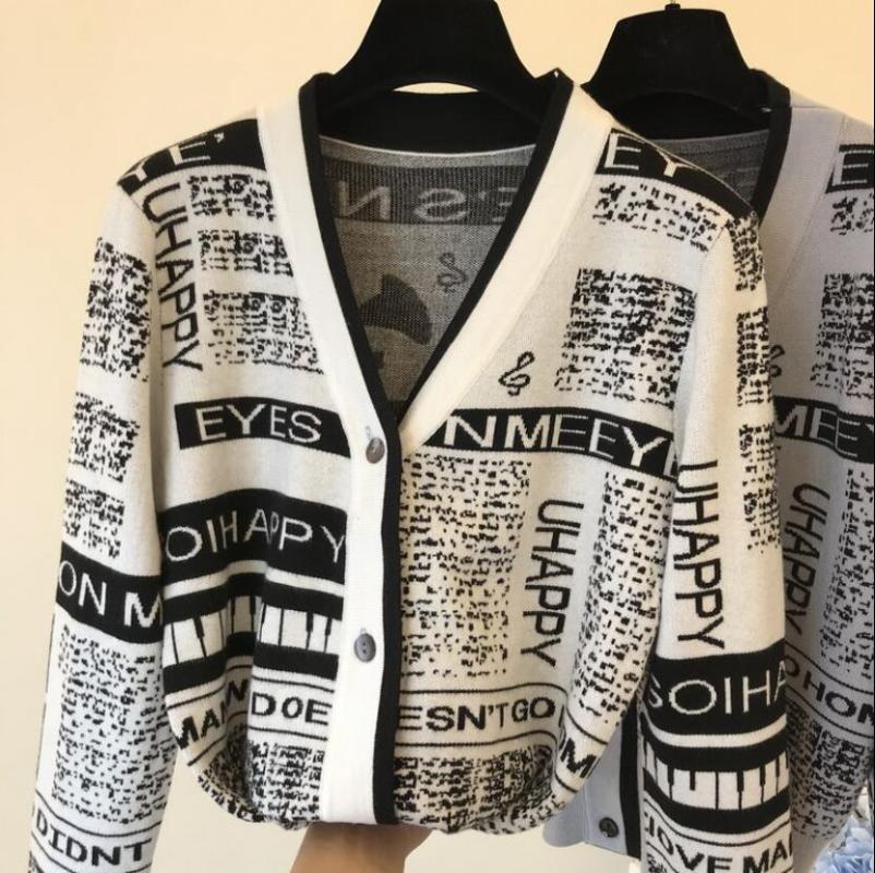 

Women's Knits & Tees Autumn Graffiti Letter Printed Knitted Cardigan Female Retro V Collar Single Buckle Sweater Coat Women KnitwearWomen's, Gray