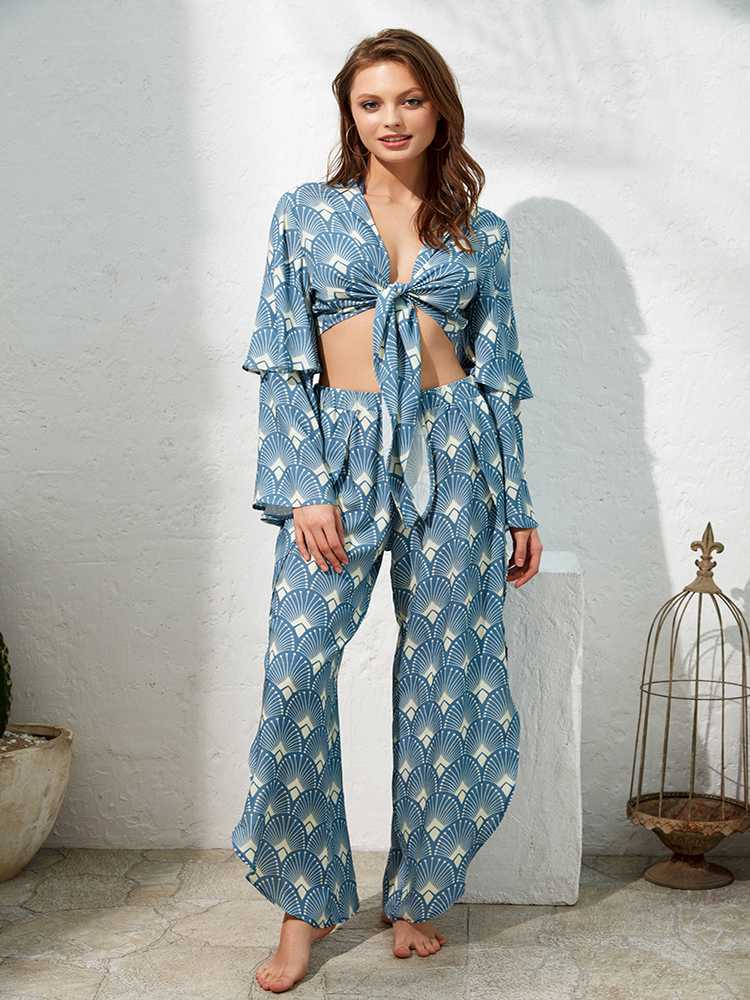 

Women' Swimwear Patterned Cotton Viscose Fabric Bolero Pants 2 Piece Pareo Suit 2022 Fashion Sexy Beach Dress Cover Ups For WomenWomen, Blue