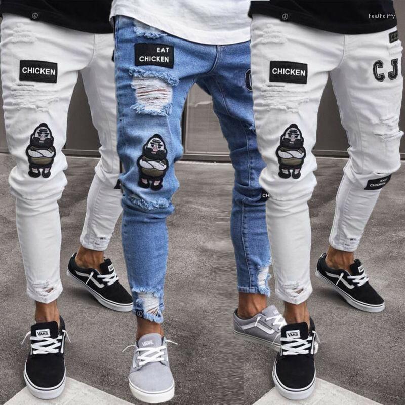 

Men' Jeans Styles Men Stretchy Ripped Skinny Biker Embroidery Print Destroyed Hole Taped Slim Fit Denim Scratched High Quality JeanMen' He, Blue
