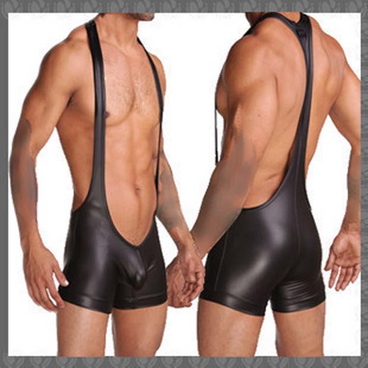 

Underpants High Quality Men' Gay Underwear Lingerie Low Waist Sexy Man Jumpsuits Of Imitation Leather Coat PaintUnderpants, Black