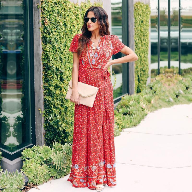 

Red Bikini Cover-ups Sexy V-neck Short Sleeve Boho Summer Beach Dress Plus Size Women Wear Swim Suit Cover Up Q1094 Women's Swimwear