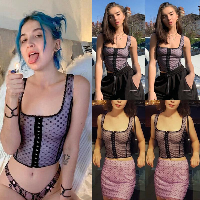 

Women's Tanks & Camis Sexy Women Summer Dot Crop Top Clubwear Mesh Tops Net Yarn Wave Point Bandage Vest Sleeveless Ladies Young GirlsWomen', Purple