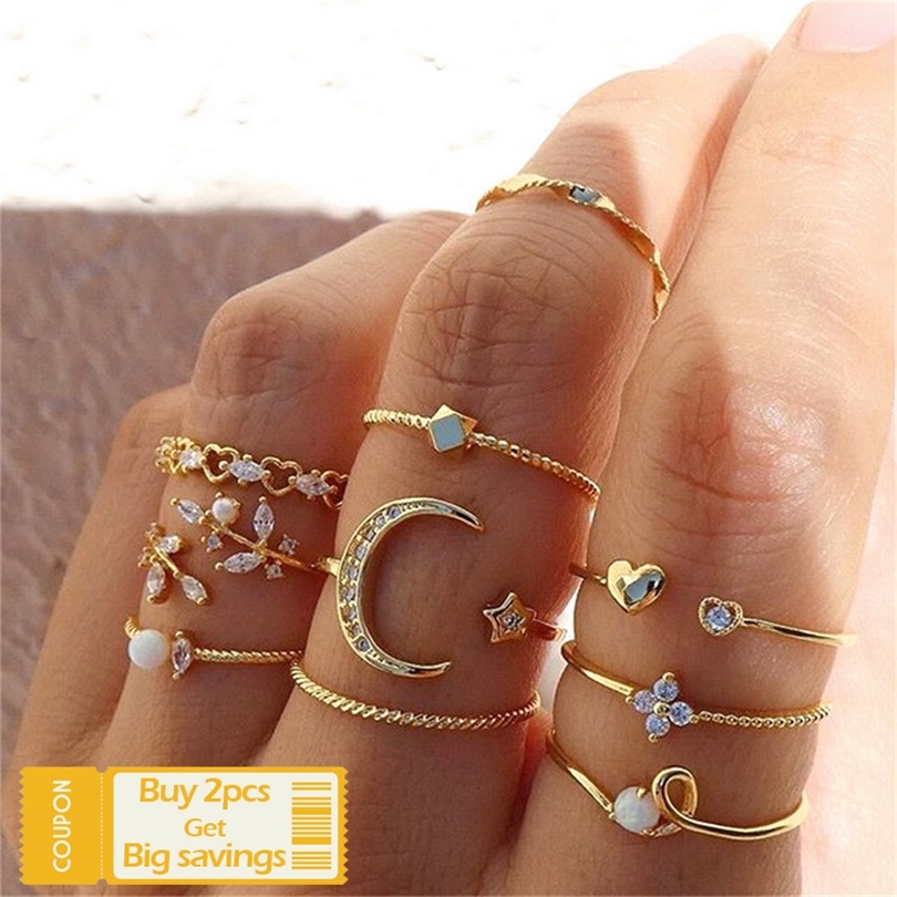 

Bohemian Gold Chain Rings Set For Women Fashion Boho Coin Moon Heart Butterfly Rings Party Trend Jewelry Gift 220728