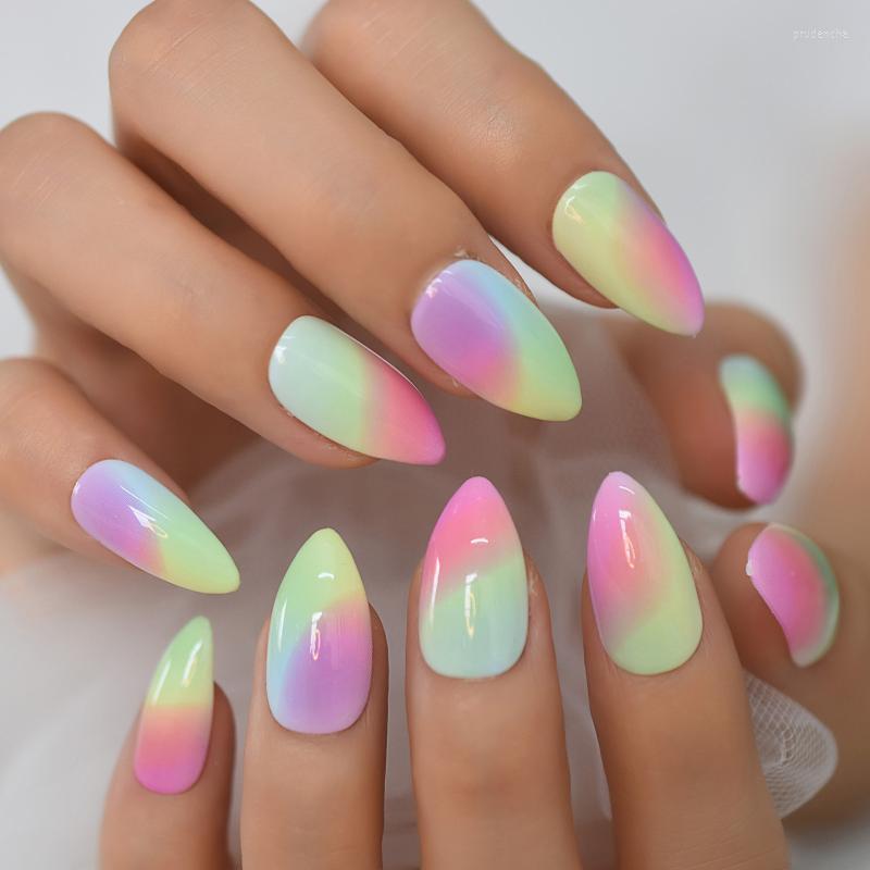 

False Nails Colorful Fake Rainbow Short Stiletto Artificial Full Cover Acrylic Nail For Women And Girls 24PCS Prud22, L5273