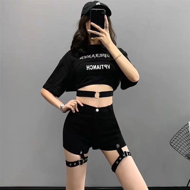 

Shorts Summer Sexy Women Casual Shorts Hollow Out Bandage Punk Rock High Waist Wornout Hole Black Shorts Vintage Lady Y200403