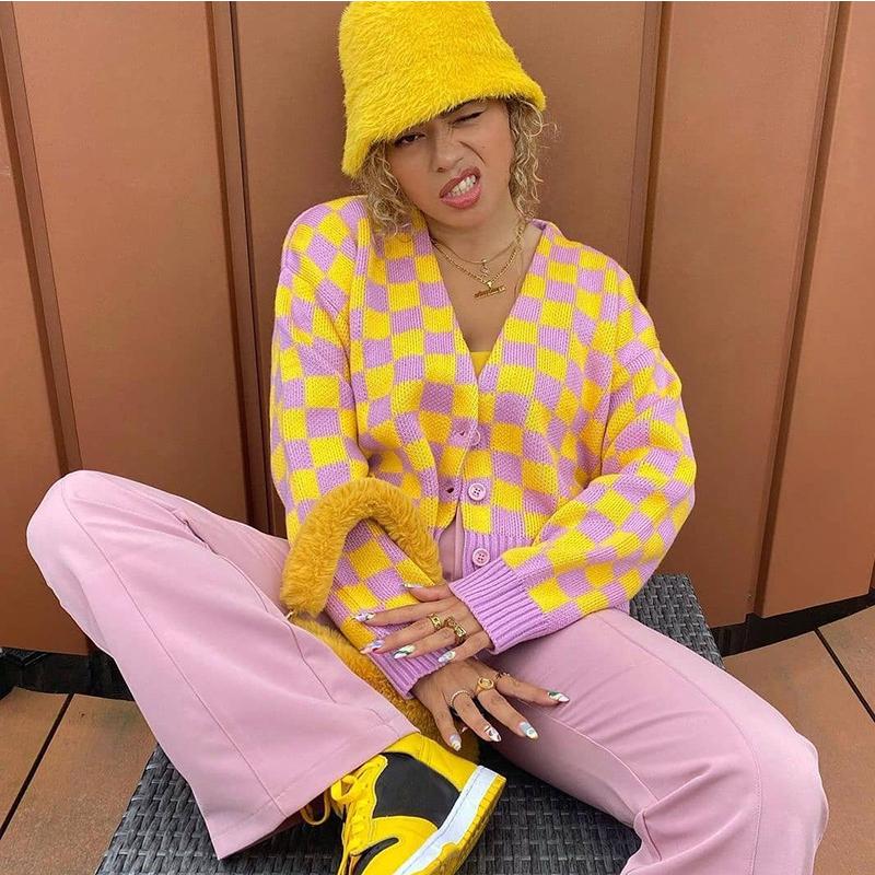 

Women' Jackets Chessboard Knitted Women Cardigan Sweater Full Sleeve V-neck Tops Elegant Loose Female Knitwear Jumpers 2022, Yellow