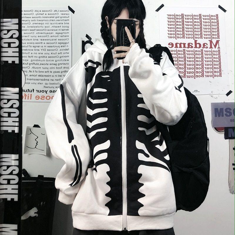 

Women's Hoodies & Sweatshirts Harajuku Street Winter Sweater Women Loose Skull Print Plus Velvet Thick Cardigan Jacket Y2k Tops Clothes Stre, Dark grey