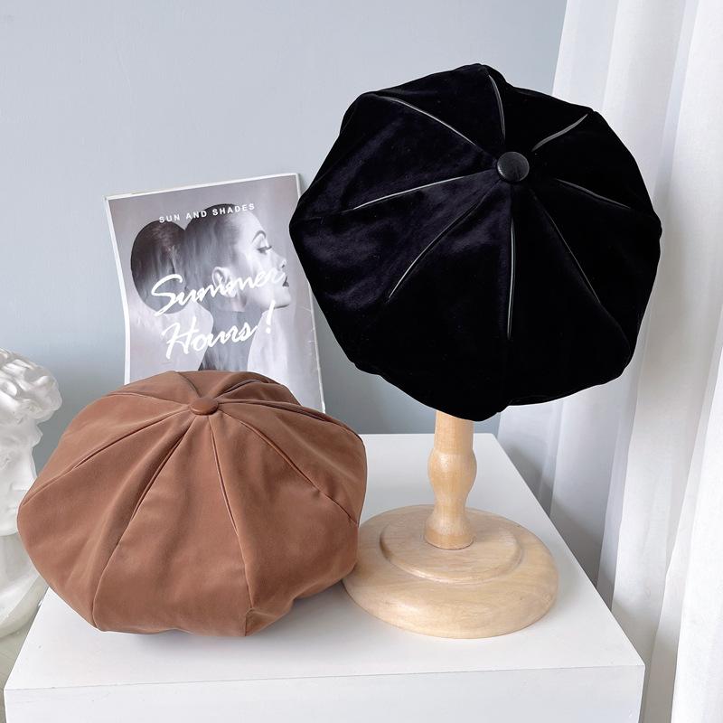 

Berets Japanese Velvet Beret Hat Female Autumn And Winter Folds Pu Insert Painter Plain Elegant Solid Color Stewardess TrendyBerets, Black