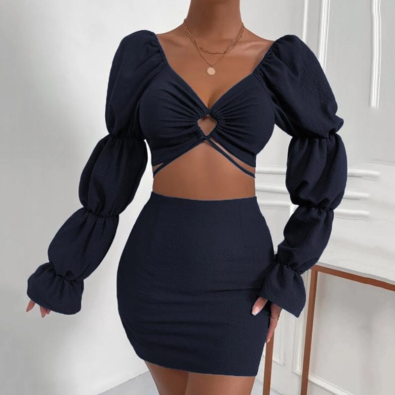 

Casual Dresses Women Solid Long Sleeve V Neck Bandage Shirt Two Piece Pleated Dot Short Loose Swing Beach DressCasual, Blue
