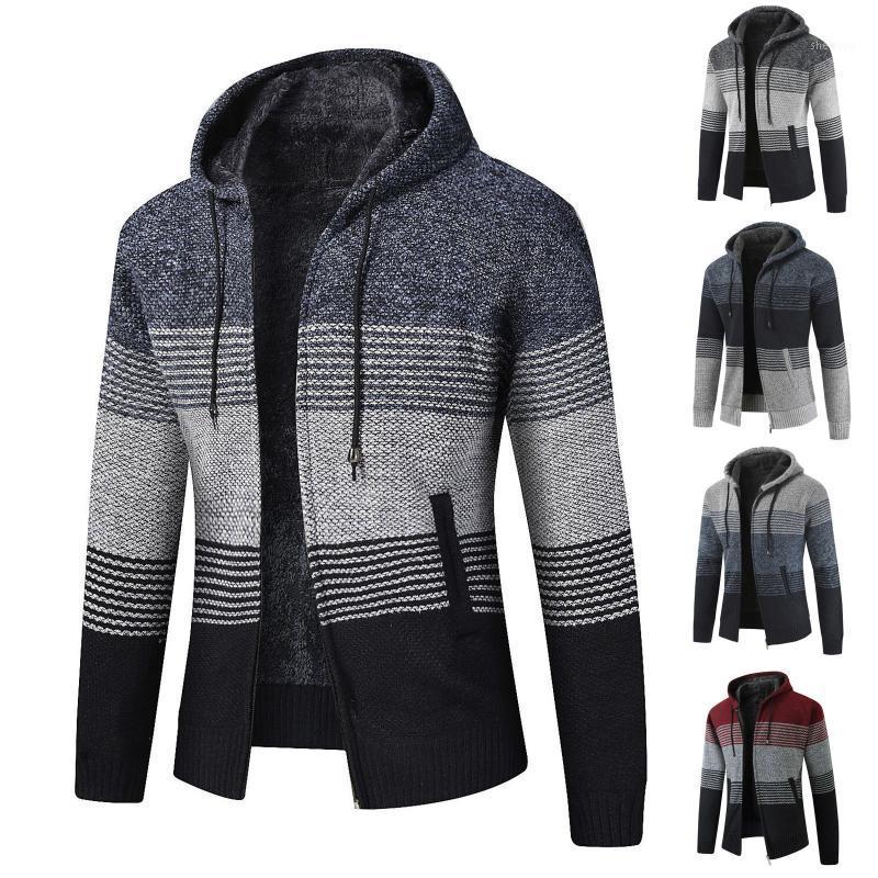 

Men's Sweaters 1Pc Autumn And Winter Hooded Zipper Jacket With Velvet Warmth Color Matching Knitted Cardigan Long-sleeved, Blue