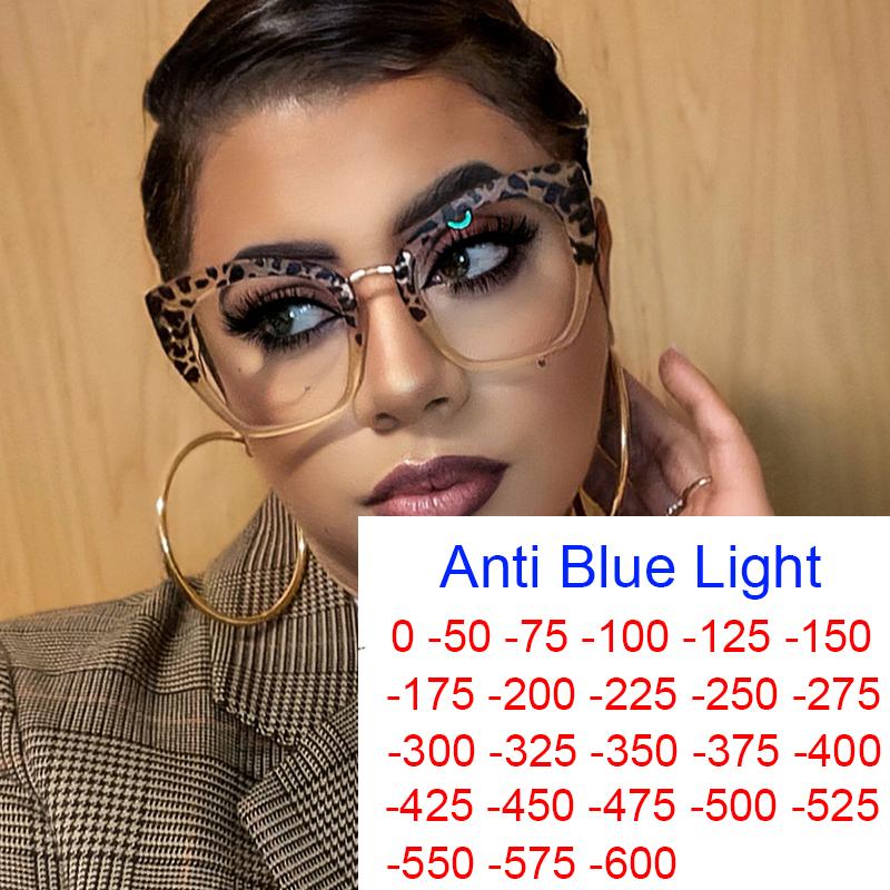 

Sunglasses 0 To -6.0 Leopard Big Frame Anti-Blue Light Myopia Glasses Women Cateye Transparent Eyeglass Prescription Short Sighted Eyewear