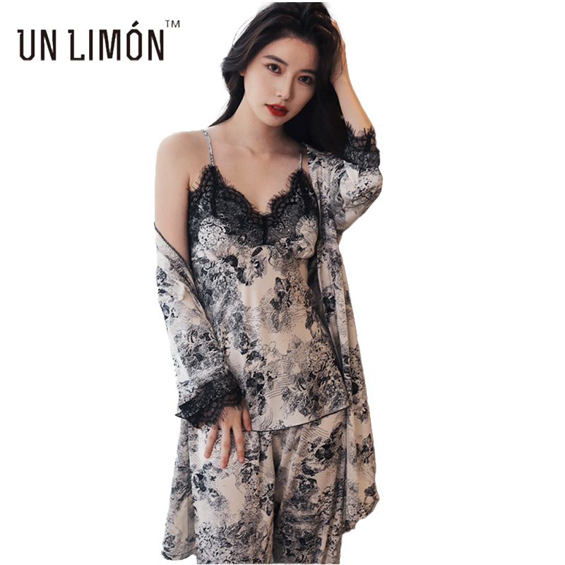 

UNLIMON 3pcs Thin Ice Silk Pajamas Set Lace Satin Robe With Pjs, Black