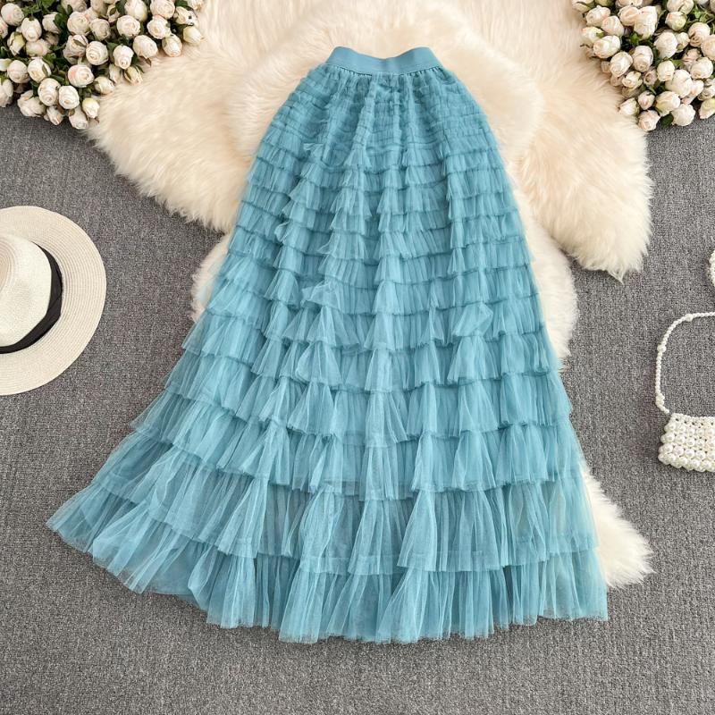 

Skirts Neophil 97cm Women Ruffles Mesh Ball Gown Long Fashion Summer Vintage Saias Longa Tulle Layers Ankle-Length Skirt S220317Skirts, Beige