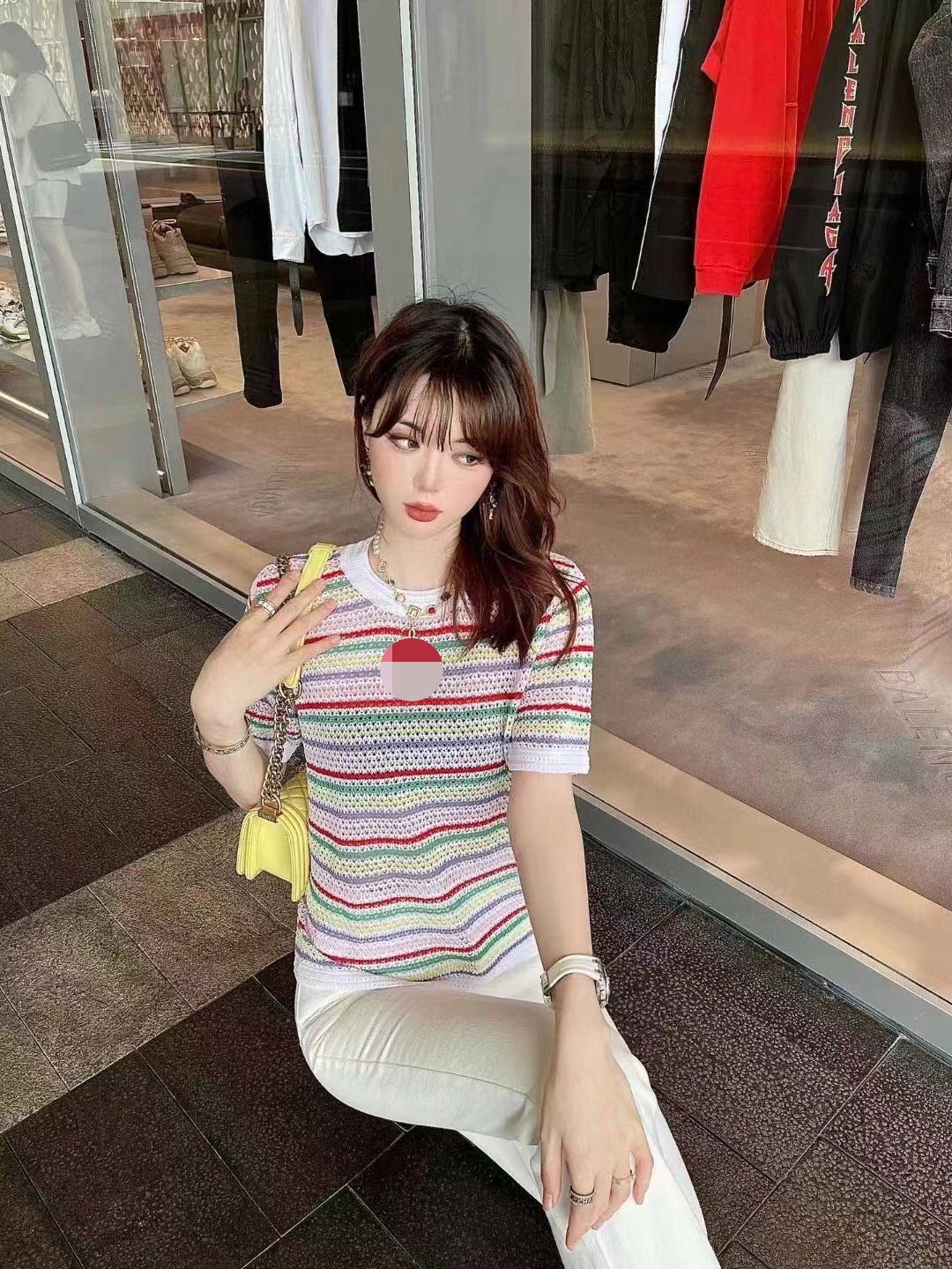 

712 L 2022 Runway Summer Brand Same Style Sweater Crew Neck Short Sleeve Beads Women' Sweaters Meiyi, Customize