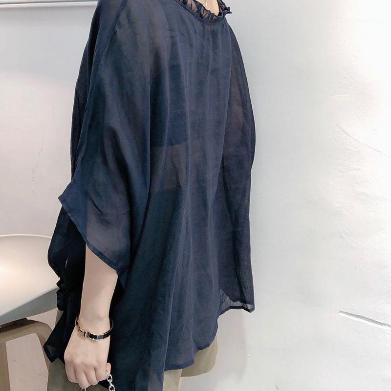 

Women's Blouses & Shirts 2022 Summer Arts Style Women Batwing Sleeve Loose Vintage Cotton Linen Casual Big Size Femme Blusas, Dark blue