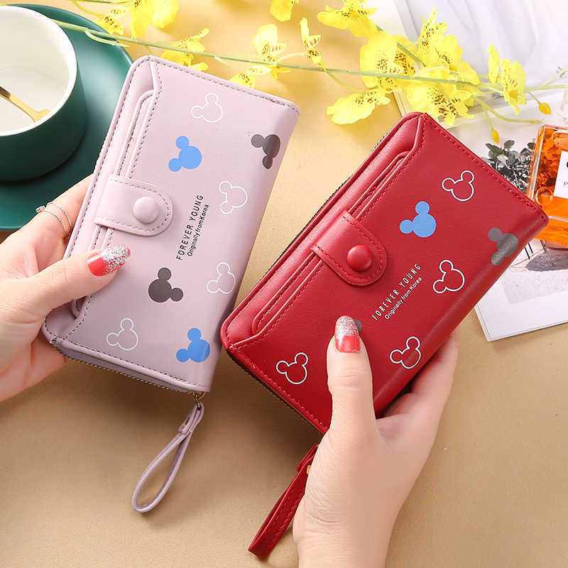 

Lovely Mickey Cartoon PU Leather Lady Long Hand Holding Large-Capacity Card Holder Women Wallet Girl Fashion Mobile Phone Bag, Red