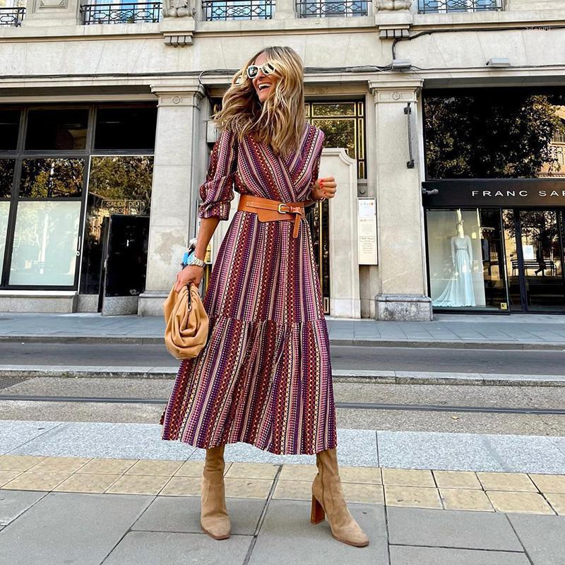 

Casual Dresses Fashion Pleated Maxi Dress Vintage Pattern Print Bohe Party Spring Autumn Elegant V-Neck Long Sleeve Women, 01 as shown(no belt)