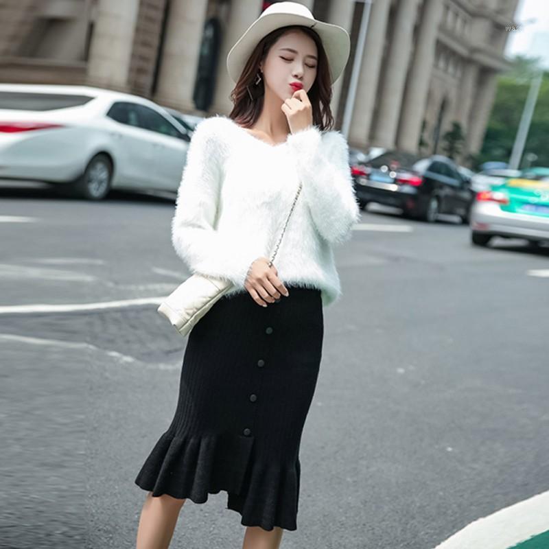 

Skirts Fashion Women Button Tight Irregular Knit Solid Color High Waist, Gray