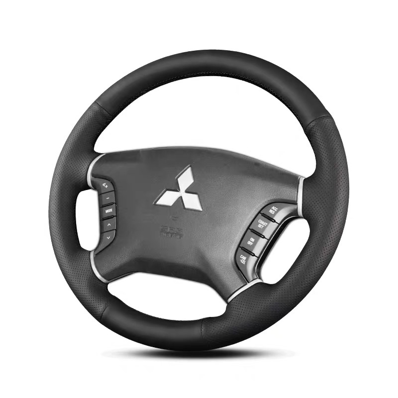 

For Mitsubishi Pajero 2007-20 Black Leather DIY Hand Sewn Steering Wheel Cover Interior Handle Cover