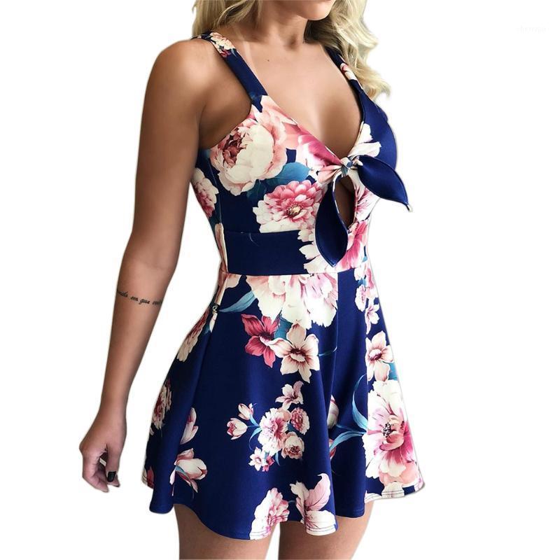 

Women's Jumpsuits & Rompers Flower Print Beach Boho Jumpsuit Bow Sexy Loose Sling Women Spaghetti Strap Overall Summer Sleeveless Playsuit V, Blue