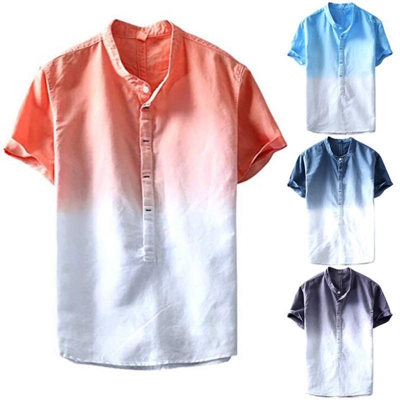 

Fashion Summer Men Casual Cool Linen Thin Breathable Gradient Color V-Neck Hanging Dyed Brief Daily Shirt #4R20 Men's Shirts, Blue