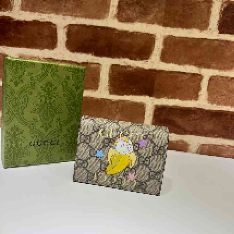 

Rainbow and Star Bananya Print Card Holder 701009 Luxury Brand Letter Embossing Short Wallet Ophidia Clutch Genuine Leather Coin Purse Horsebit Zipper Card Pack