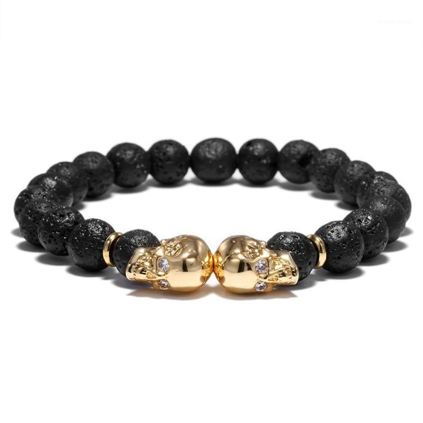 

Charm Bracelets 8mm Natural Lava Stone Bracelet Retro Black Beads Fashion Men Skull Braclet Simple Design Punk Jewelry Brazalet Ho224M