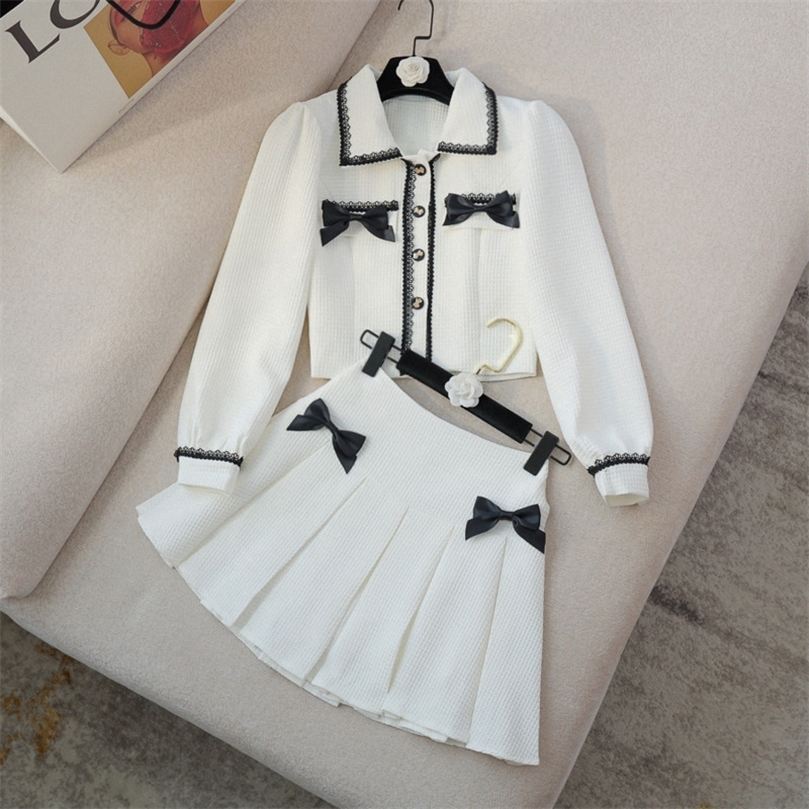 

Spring Fall Small Fragrance Two Piece Set Women Crop Top Bow Short Jacket Coat + Pleated Skirts Sets Korean Sweet 2 Piece Suits 220514, White