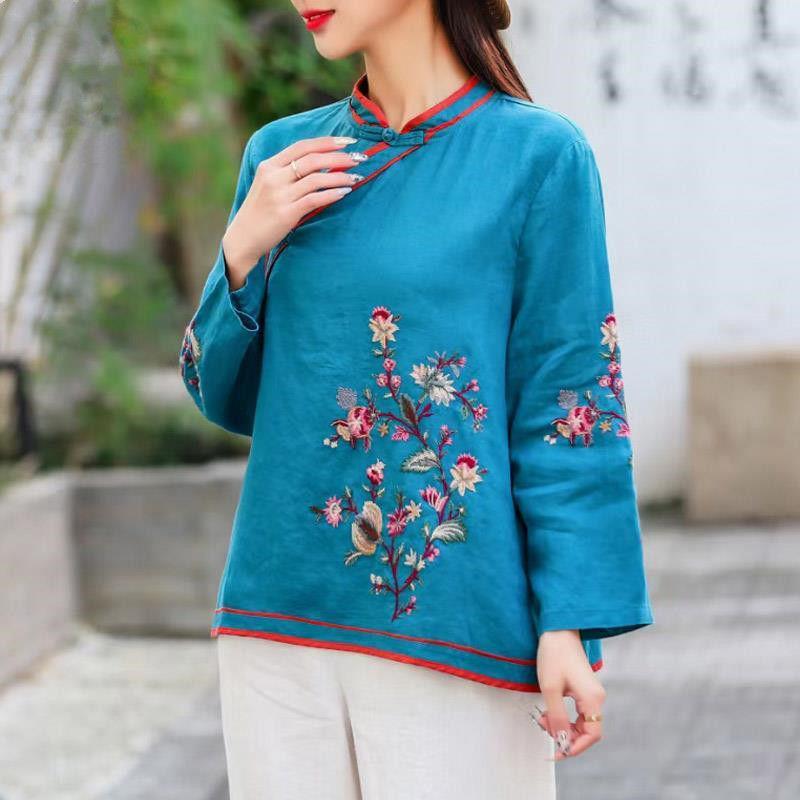 

Ethnic Clothing Stylish Spring Hanfu Tang Suit Tops 2022 Women Embroidery Blouses Long Sleeve Blusas Female Casual O Neck Oversized ChemiseE