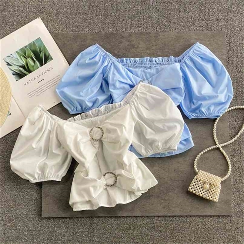 

Solid Casual Women's Shirts Off shoulder Puff sleeve Blouse Tops Female Summer Bowknot Navel-Exposed Crop 210602, White