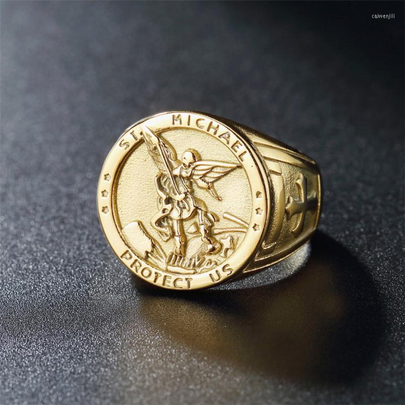 

Cluster Rings Vintage Catholic Angel Michael Ring For Men Punk Steel/Gold Stainless Steel Knight Saint Protect Us Jewelry GiftCluster