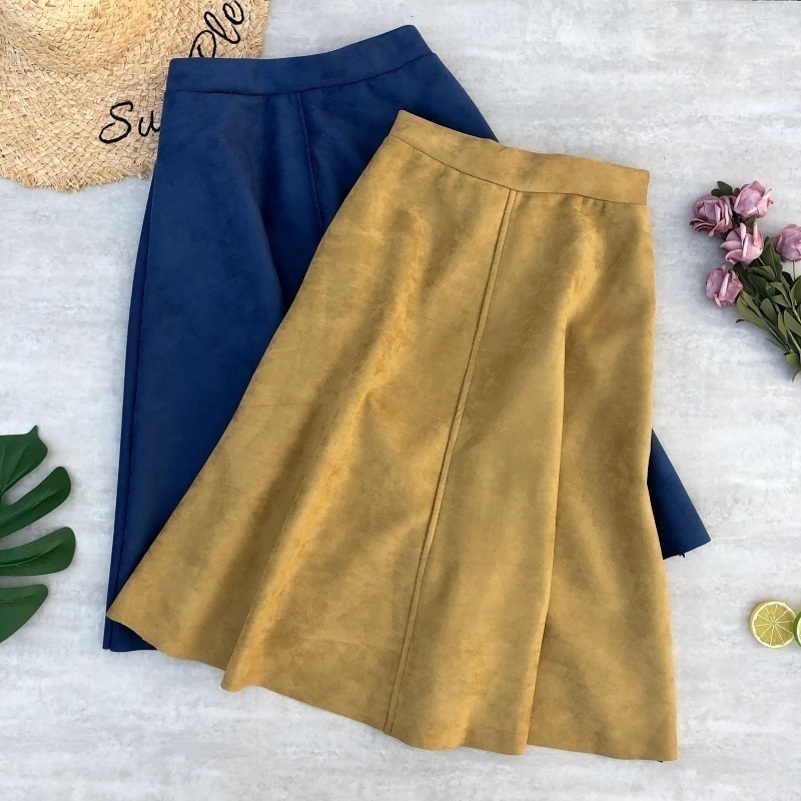 

Skirts Winter Suede Leather Skirt Patchwork PU Leather Office Lady Stretched Elastic Waist Aline Kneelength Skirt Y200326, Coffee