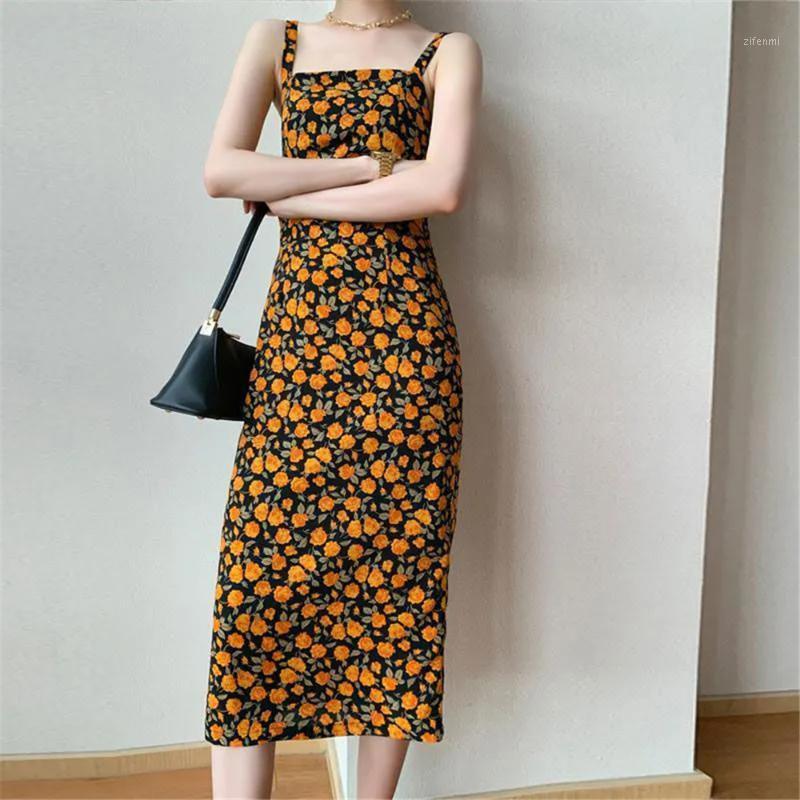 

Casual Dresses DAILOU French Retro Floral Print Women's Dress 2022 Summer Sexy Bodycon Spaghetti Strap Backless Slim Streetwear Outfits