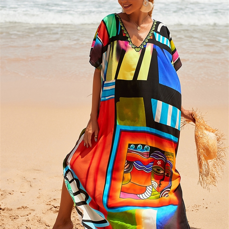

Coverup Bohemian Print Multicolor Style Kaftan Swimsuit Cover Up Maxi Dress Robe De Plage Tunic For Beach 220613, Color-01