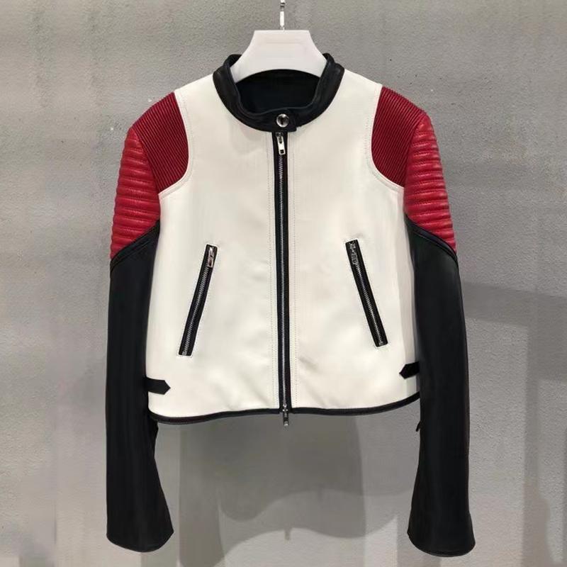 

Women' Leather & Faux High Quality Genuine Jacket Fashion Baseball Uniform Women Coat Spring O-Neck Collar Multicolor Stitching DesignWomen