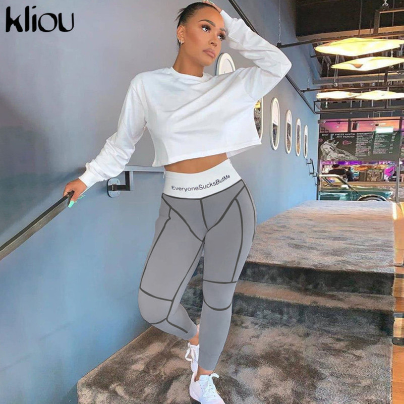 kliou high waist letters print fitness leggings autumn winter women fashion patchwork striped streetwear sporty slim pants Y200328