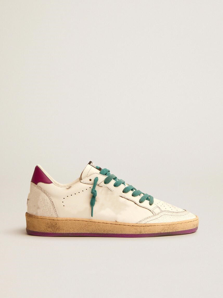 

Low top small dirty shoes designer luxury Italian retro handmade Ball Star LTD sneakers in white leather with purple heel tab and silver glitter star, High quality laces