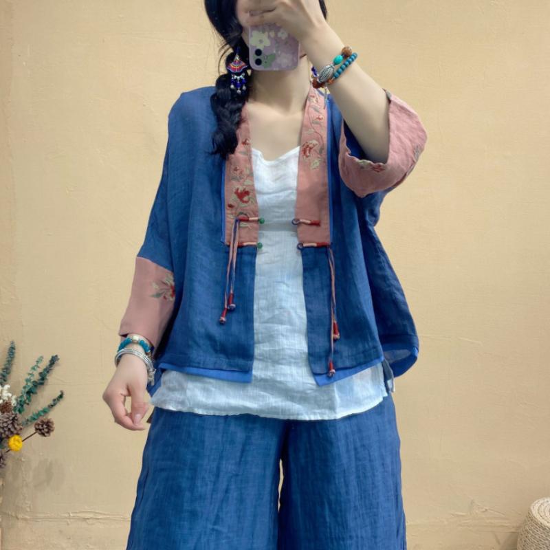 

Women's Blouses & Shirts 21 Women Summer Inide Folk Style Linen Patchwork Embroidery Frog Buttons Drawstring Female Fashion Cardigan Retro