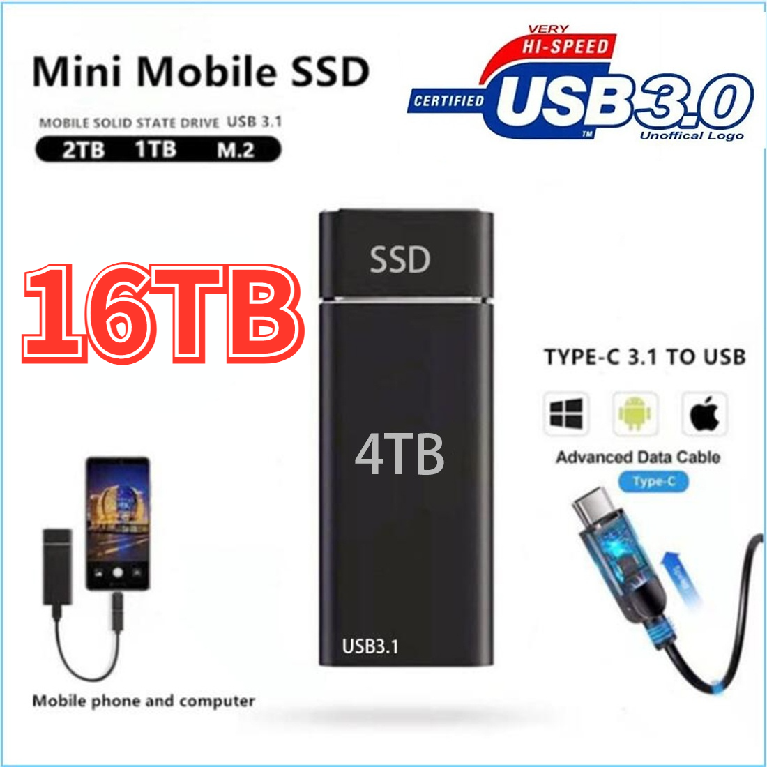 

M.2 SSD 16TB 8TB 4TB 2TB 1TB Storage Device Hard Drive Computer Portable USB Mobile Hard Drives Solid State Disk for PC Laptop