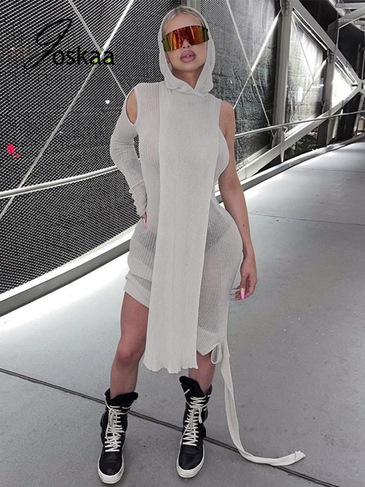 

Casual Dresses Joskaa Fashion See-through Irregular One Shoulder Hooded Skirt Sexy Single Long Sleeve Clothing Women 2022 Fall Party Dress, Gray