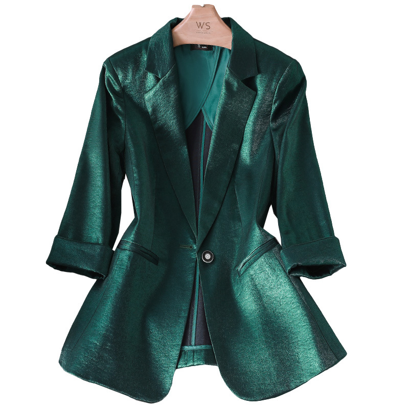 

Business Half Sleeves Fit Imitate Satin Blazers Women Summer Korean Style Retro Suit Coats Female Chic Office Basic Solid Outwear, Blue