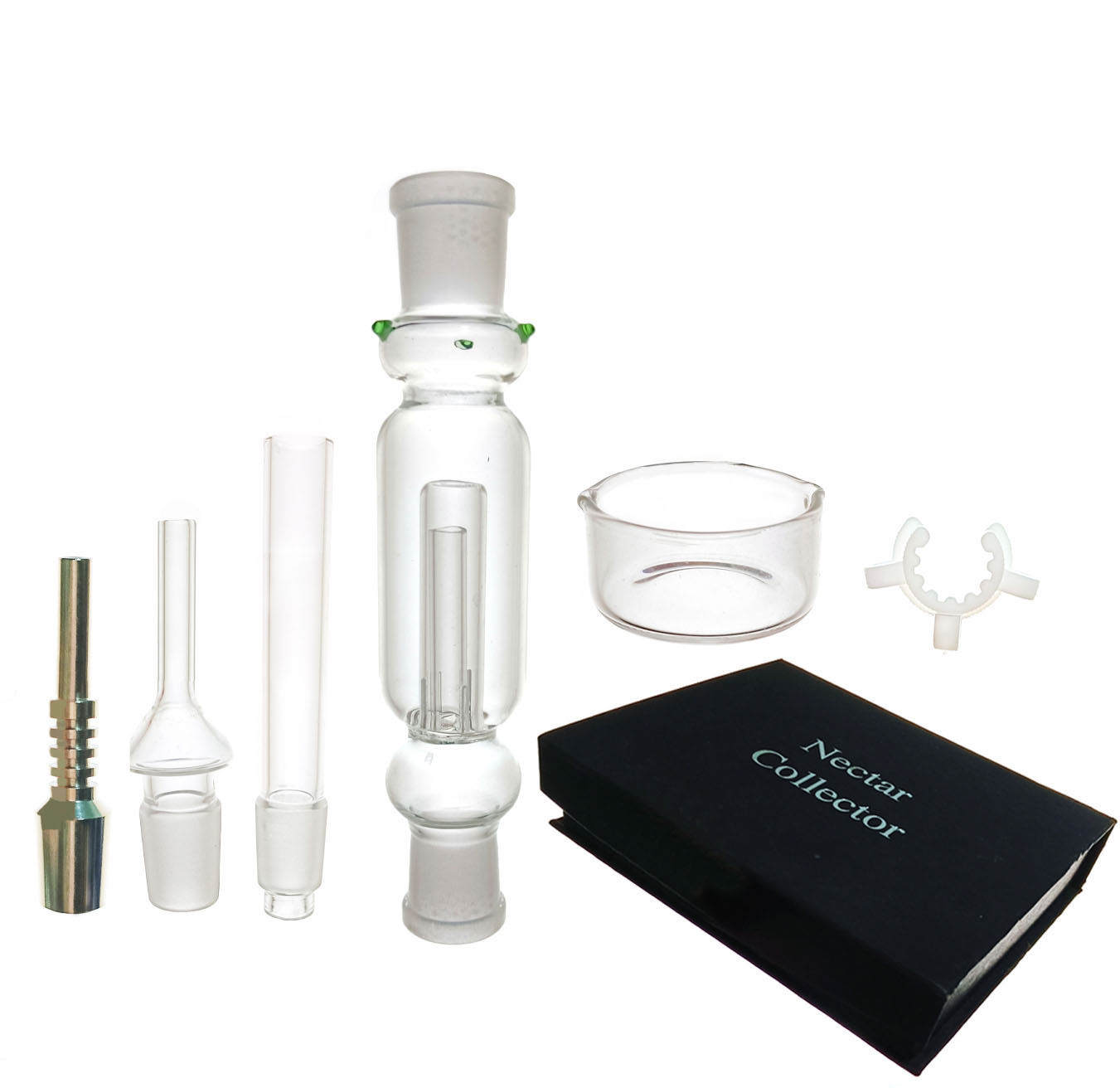 

18.8mm Nectar Collector Kit Mouthpiece Dab Rig Glass Bubbler Pipes Pocket Clear Straw Glass Set Box Water Herb Oil Burner Quartz Banger Titanium Tip 7 Pieces